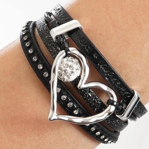 2/$40 Silver Heart Black Layered Gift Holiday Bracelet-(#0274) - Picture 3 of 7